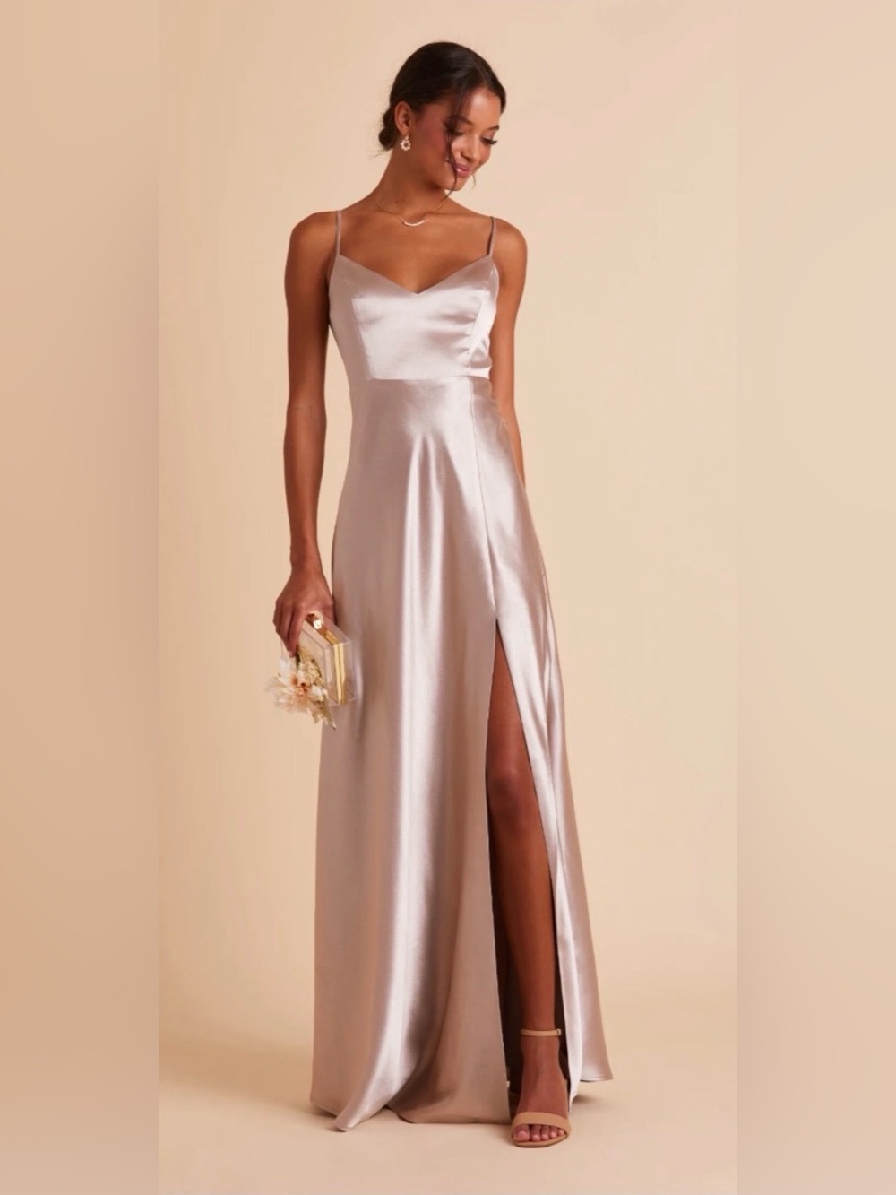 Birdy Grey “Jay Satin” Maxi Formal Dress in Taupe